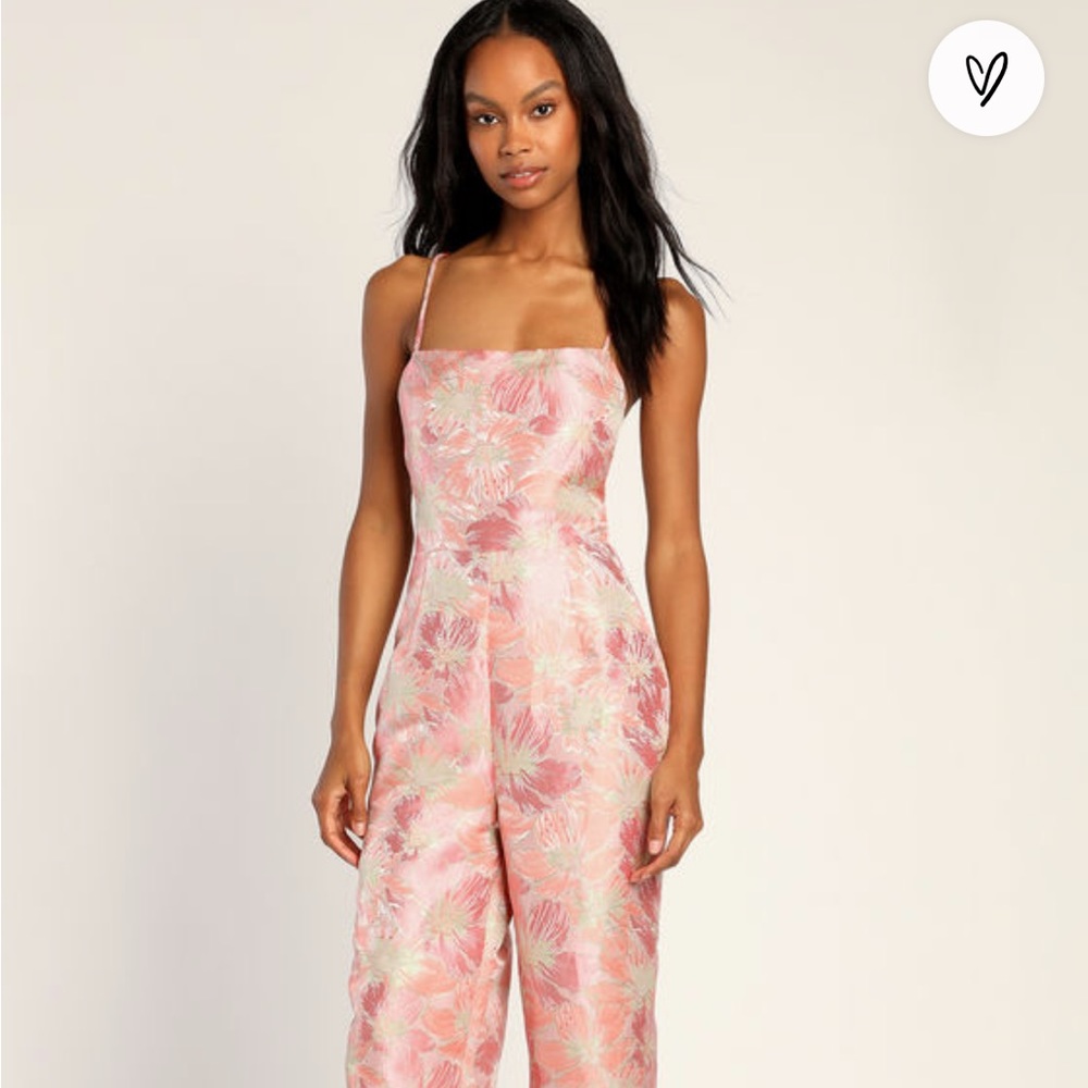 LULUS Pink Floral Metallic Jacquard Lace-Up Jumpsuit (Large)